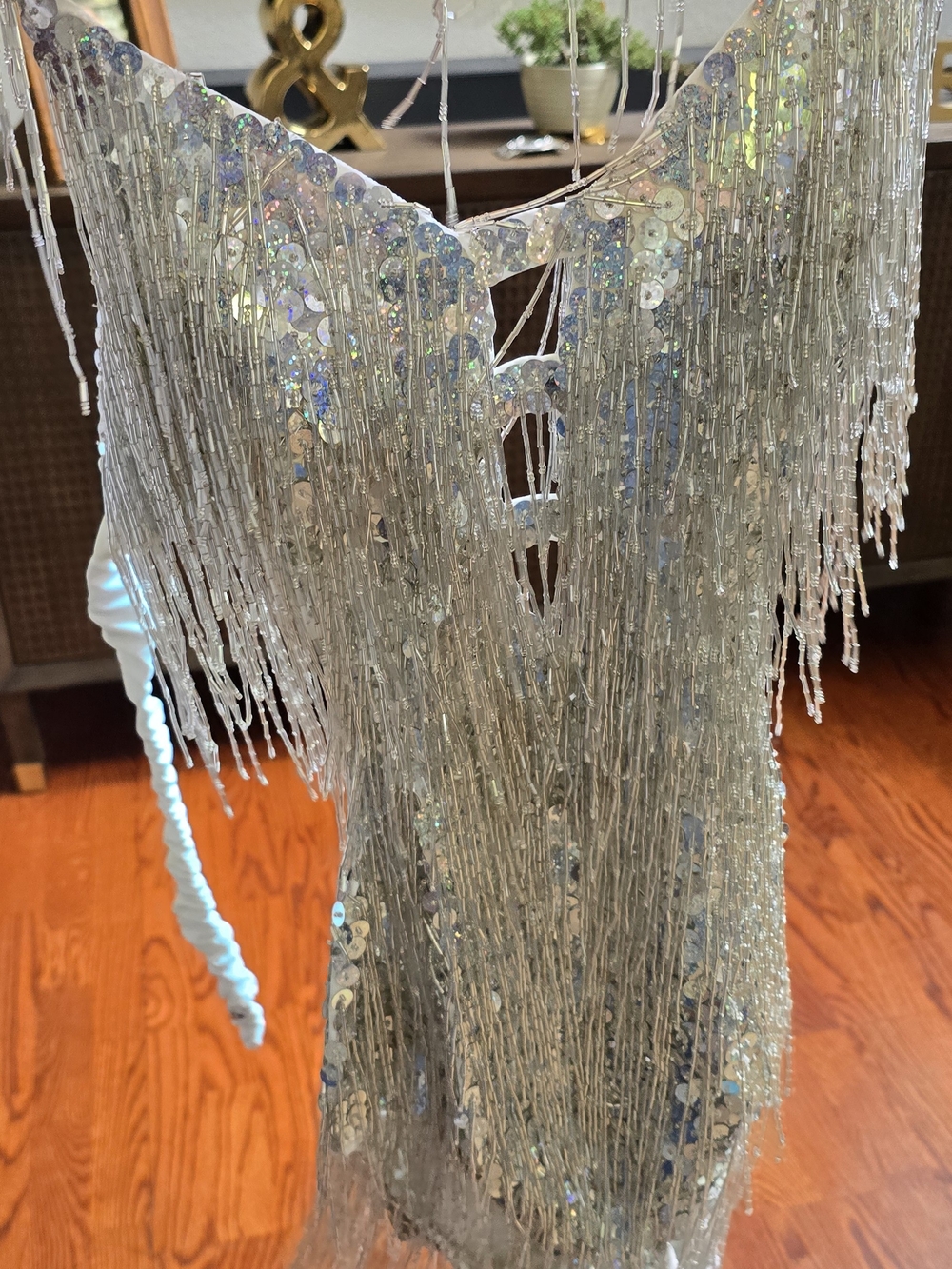 Silver Sequin Bead Fringe Performance Bodysuit Adult L Pop Star Stage Costume - Picture 7 of 16